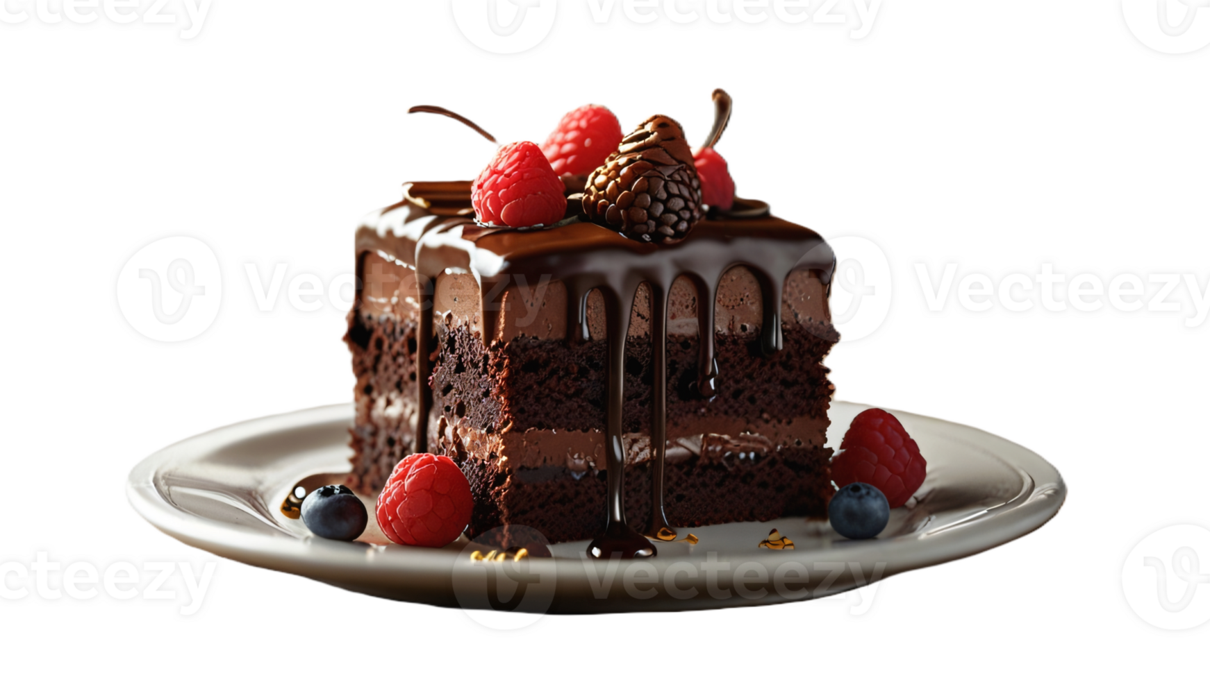 Chocolate cake with berries on top, transparent background png