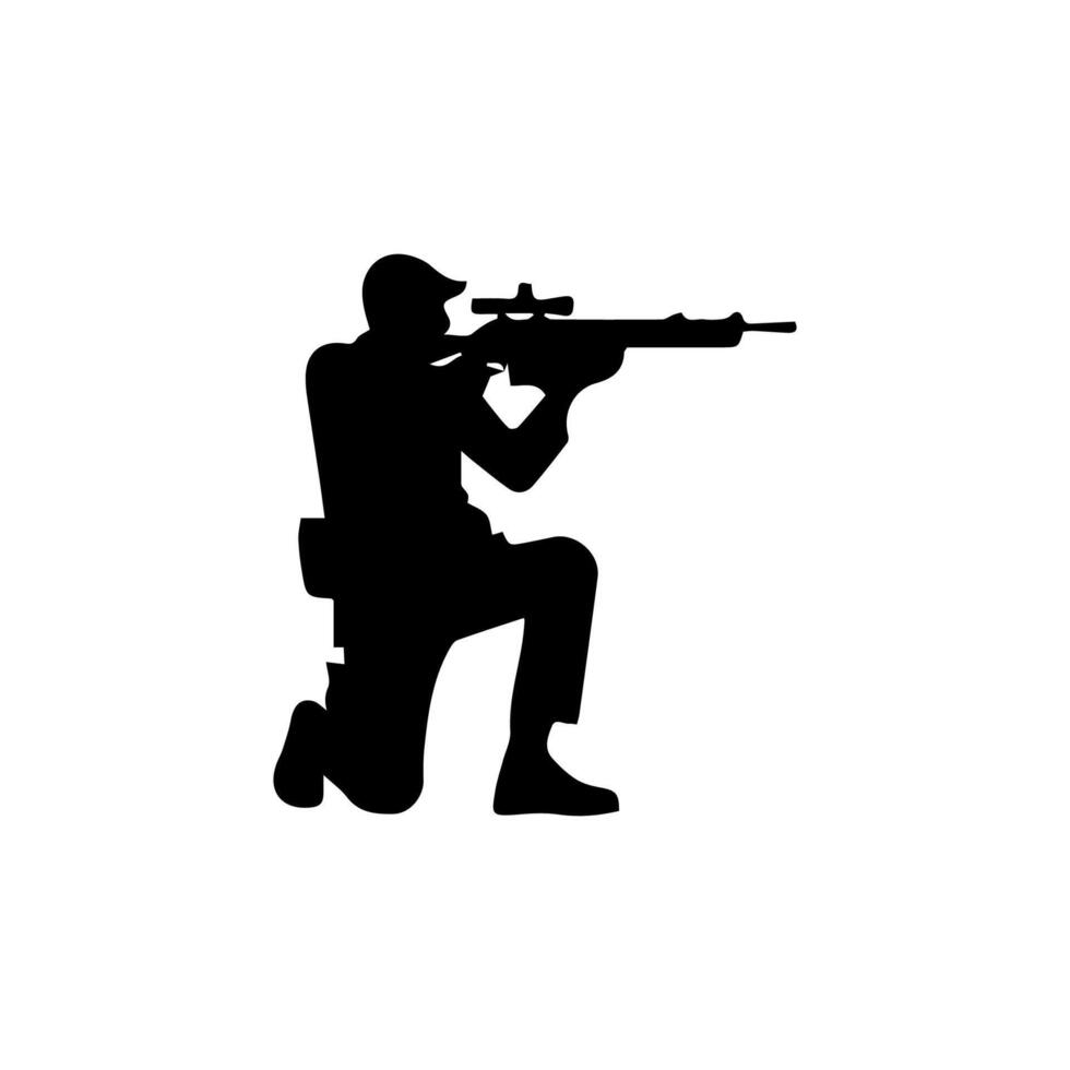 A soldier aims through the optical sight of a rifle vector