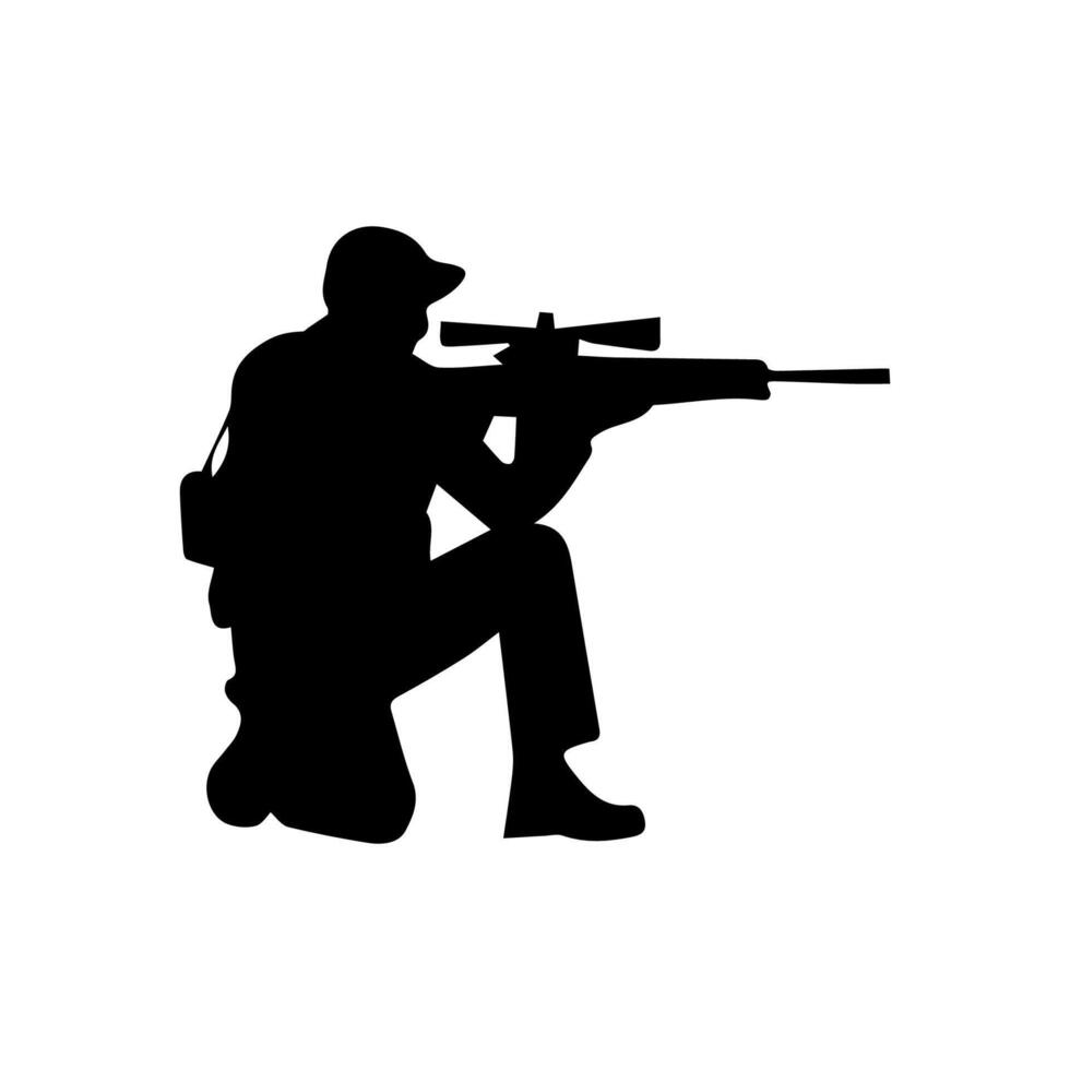 A soldier aims through the optical sight of a rifle vector