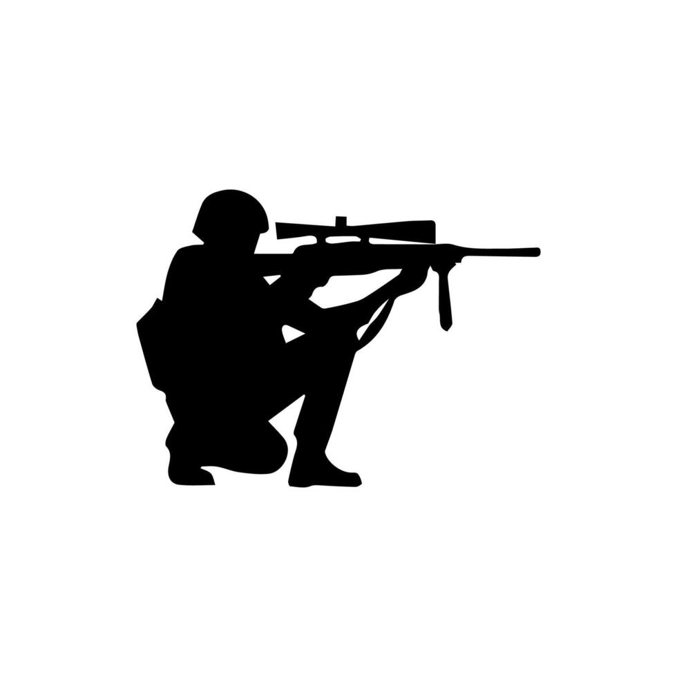 A soldier aims through the optical sight of a rifle vector