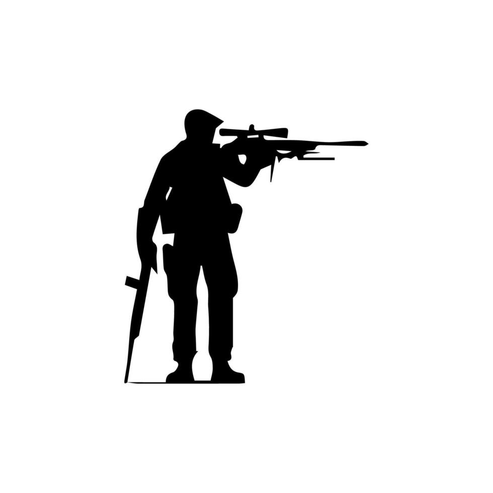 A soldier aims through the optical sight of a rifle vector