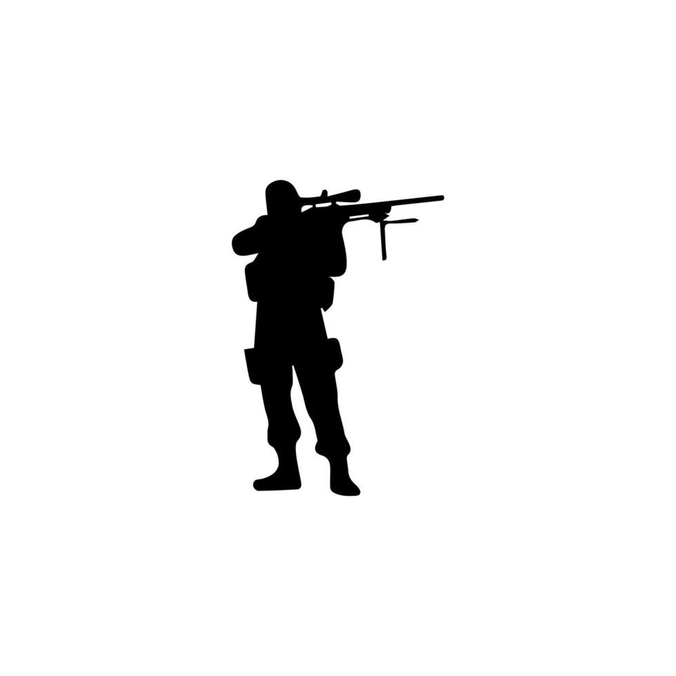 A soldier aims through the optical sight of a rifle vector
