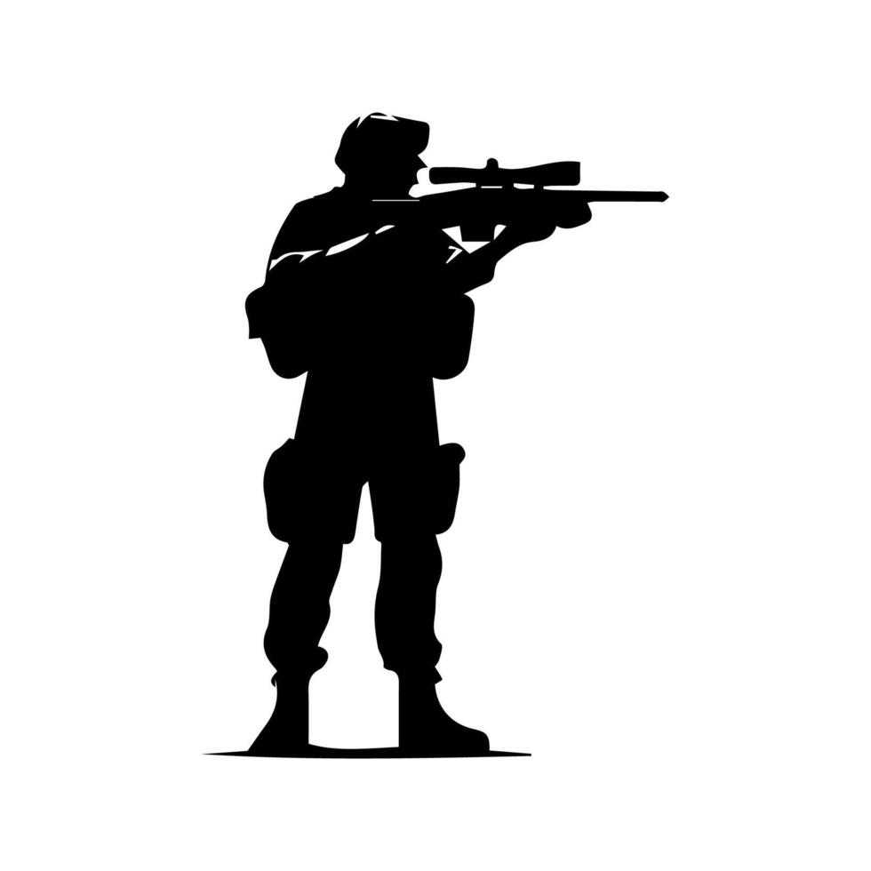 A soldier aims through the optical sight of a rifle vector