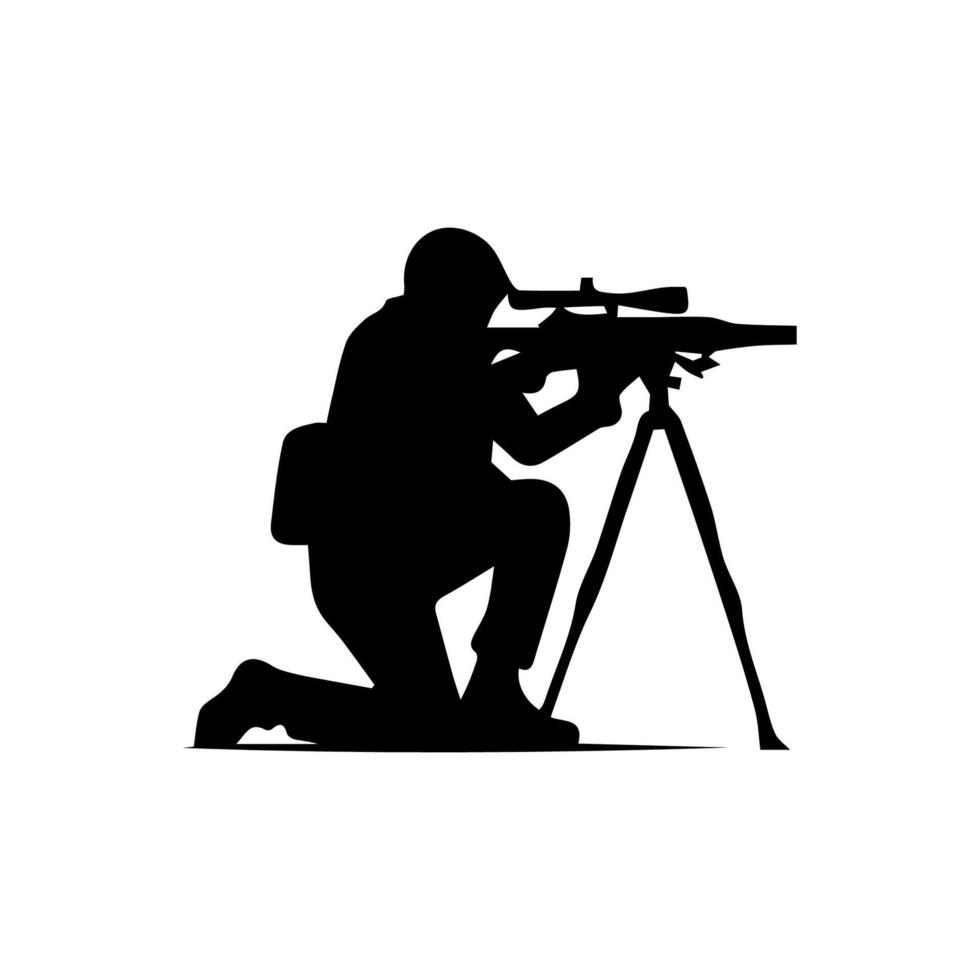 A soldier aims through the optical sight of a rifle vector