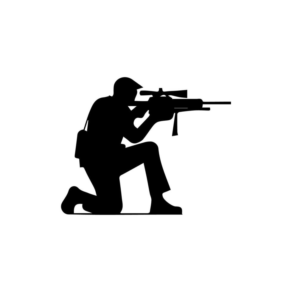 A soldier aims through the optical sight of a rifle vector