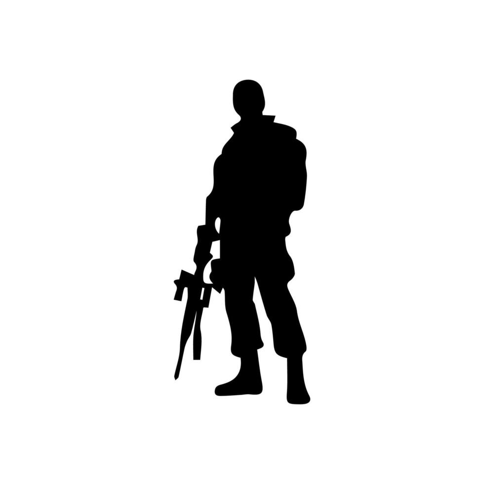 A soldier aims through the optical sight of a rifle vector
