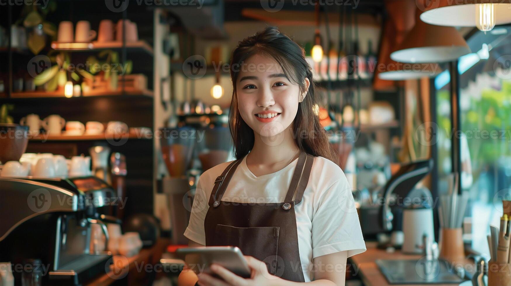 Startup successful small business owner beauty girl stand with tablet smartphone in coffee shop restaurant photo