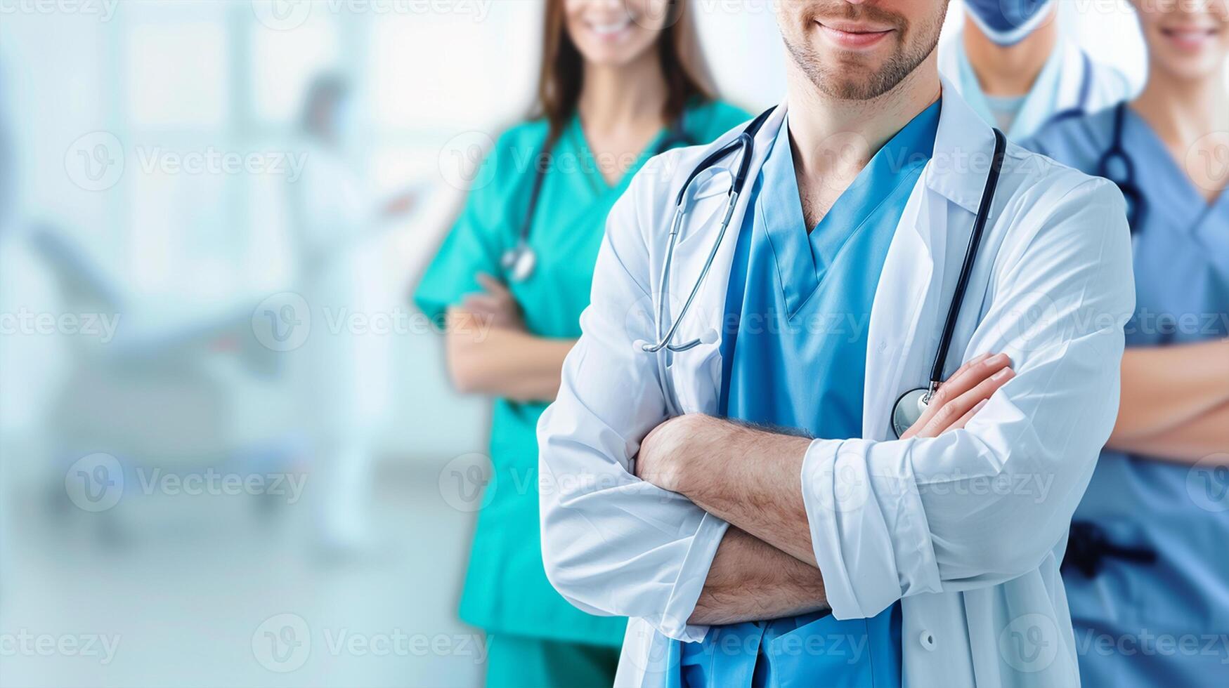 Medical team standing lined up in a hospital, team work and patient trust photo