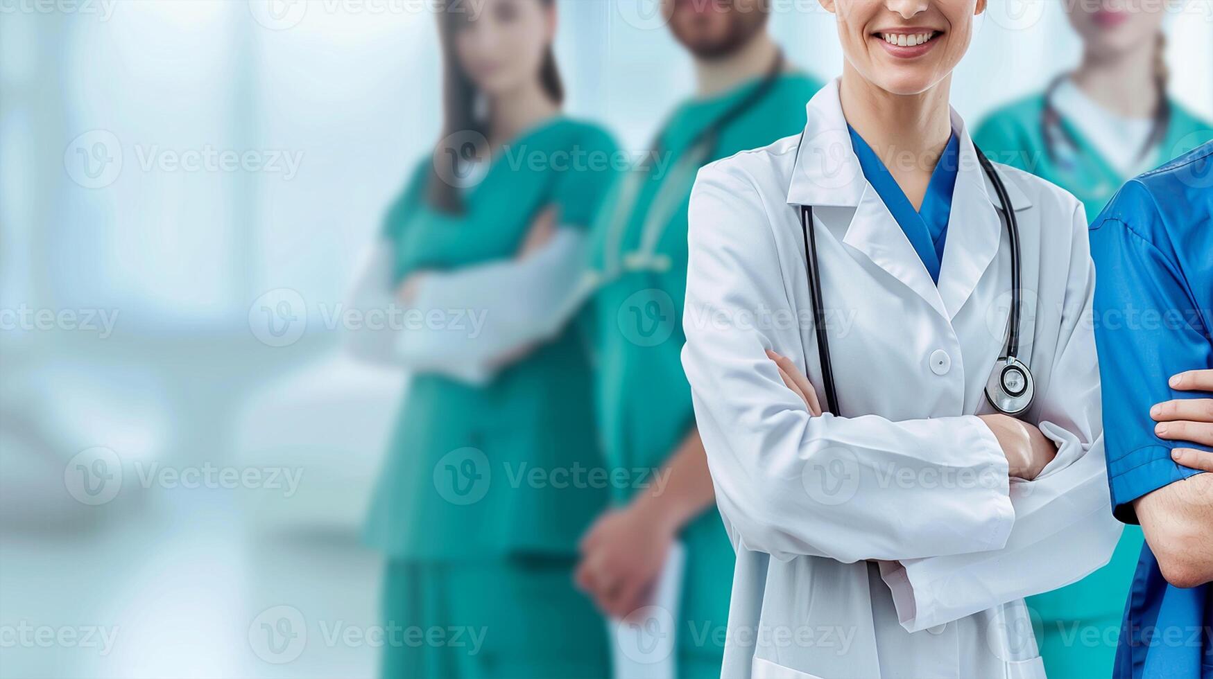 Medical team standing lined up in a hospital, team work and patient trust photo