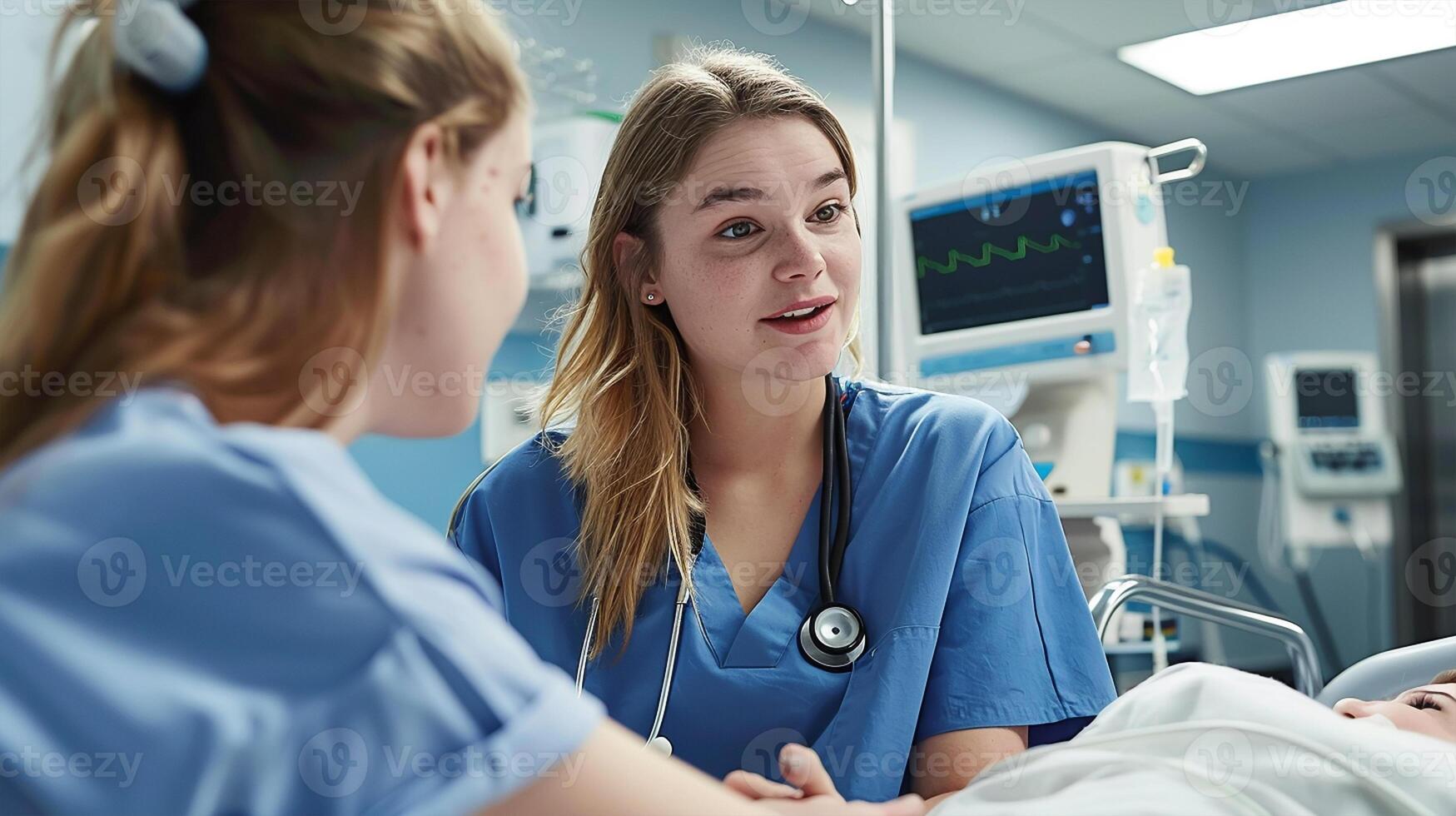 Women doctors in lab coats are having a conversation photo