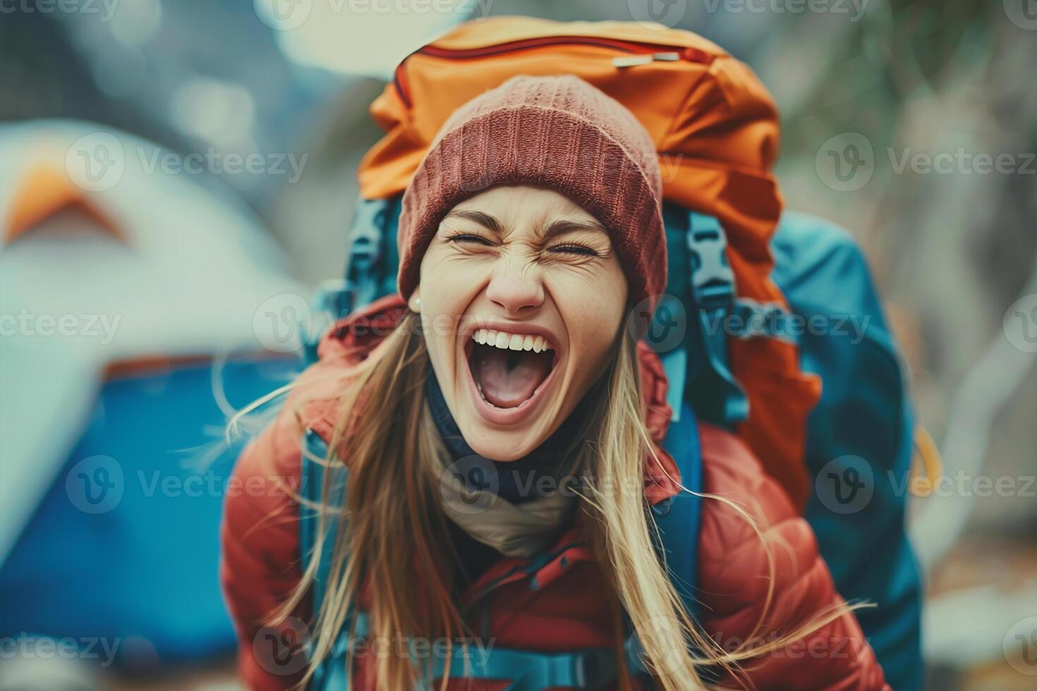 A woman travel backpacker Exitment shouting open mouth photo
