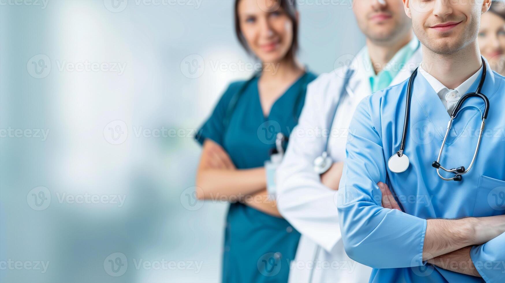Medical team standing lined up in a hospital, team work and patient trust photo