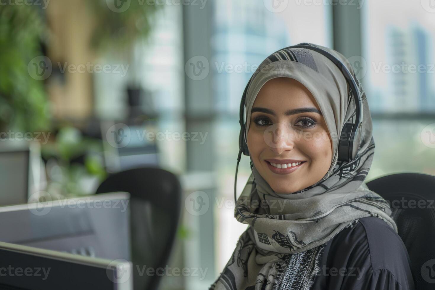 Portrait of young muslim woman wearing hijab working with laptop computer in her modern business office photo