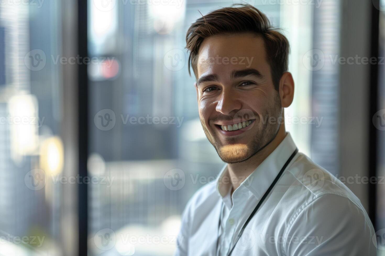 Attractive businessman in a suit standing confident with blurred office buildings as a background photo