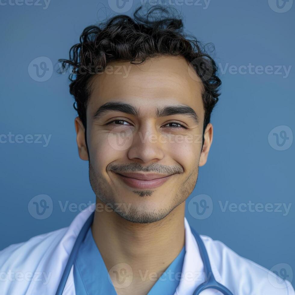 A Attractive Smiling Asian Male Doctor Against Blue Background photo