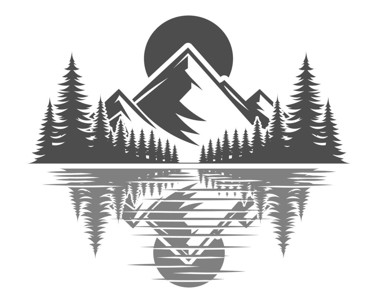 Lake Side Mountain and Pine Tree Silhouette. vector