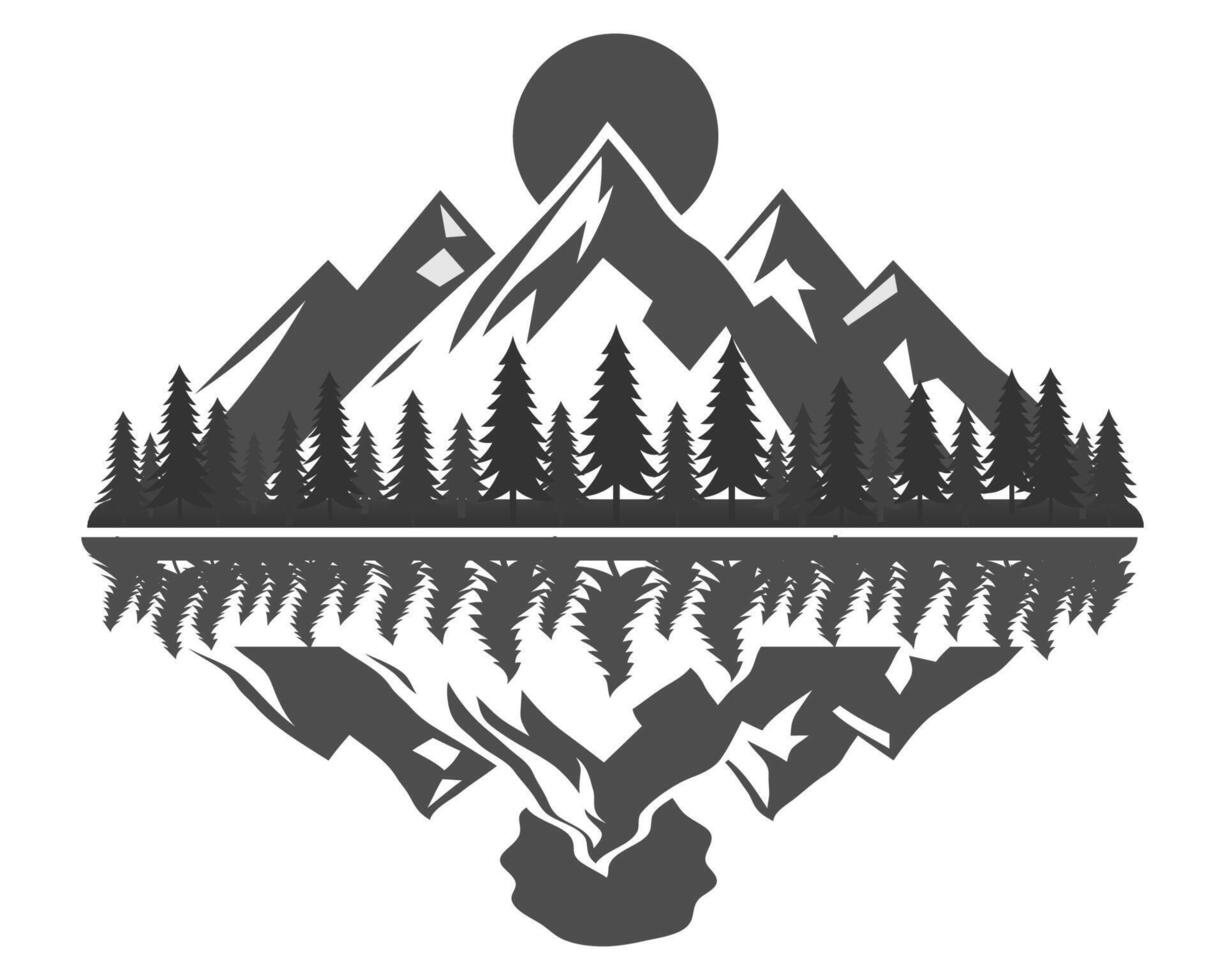 Lake Side Mountain and Pine Tree Silhouette. vector