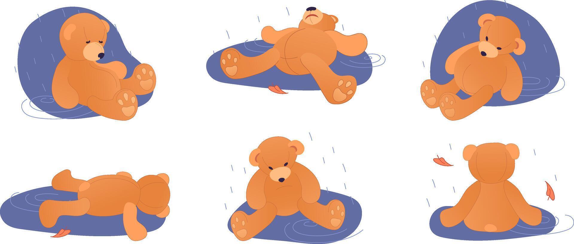 Abandoned Teddy bear in the autumn rain on white background. illustration of loneliness, uselessness, state of melancholy. Concept mental depression, suicide problems, growing up, goal revision vector