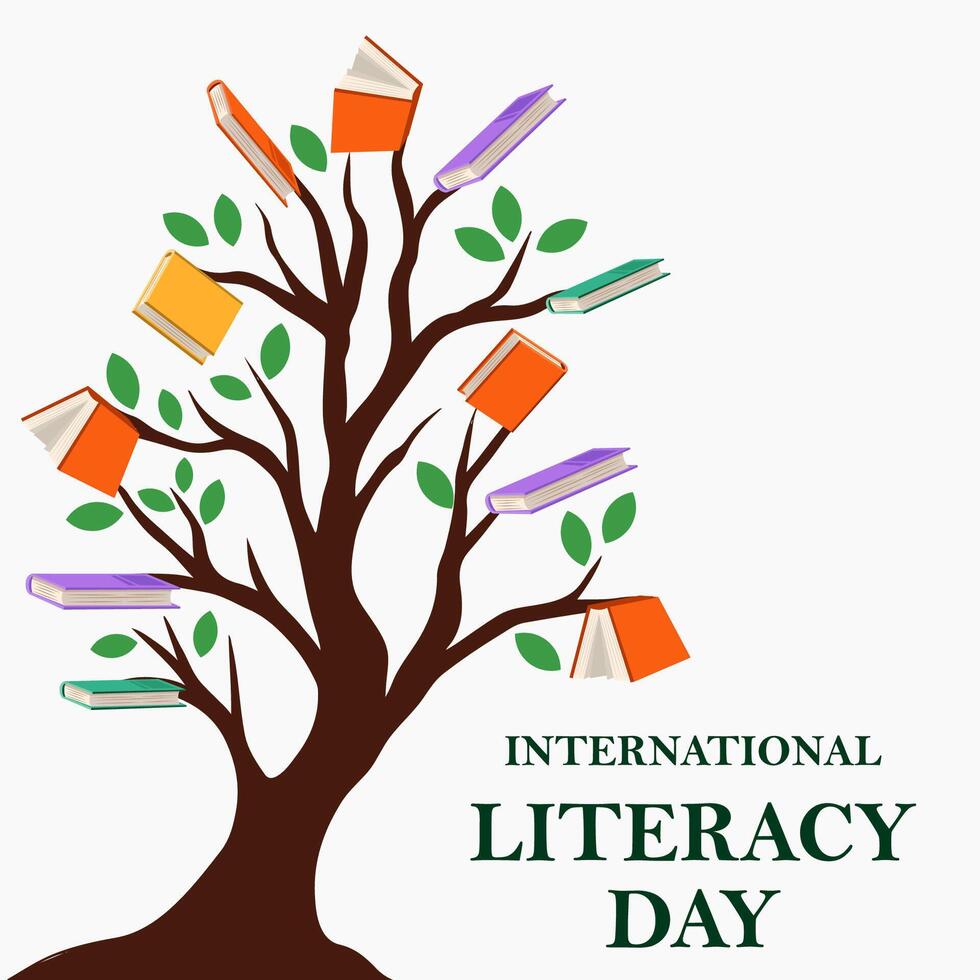 international literacy day with tree of books illustration vector