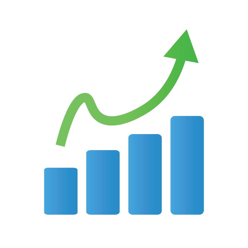 A blue bar graph icon with a green rising arrow. vector