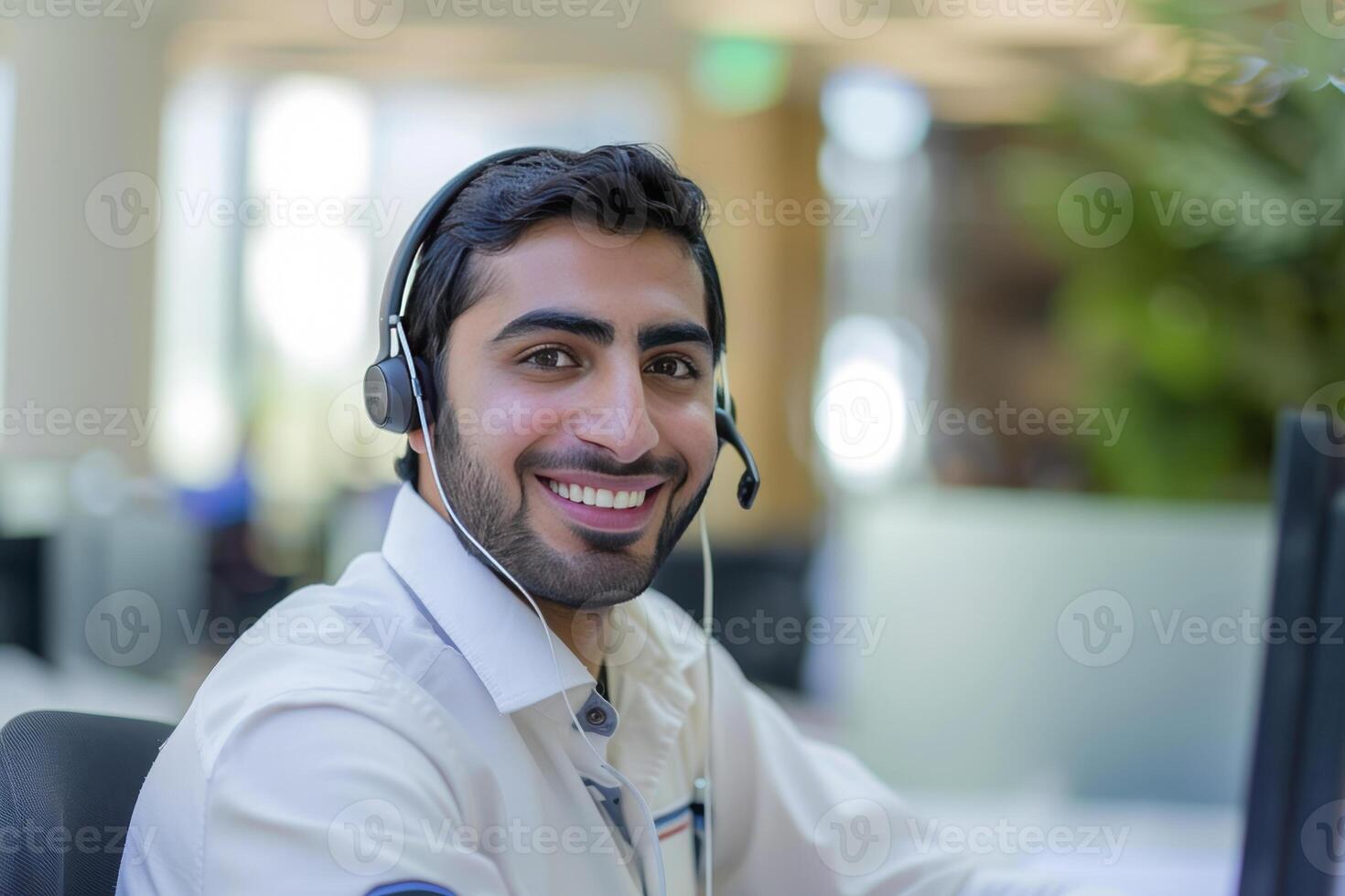 A Attractive Smiling Professional Arab Muslim Man Working in his Modern Office photo