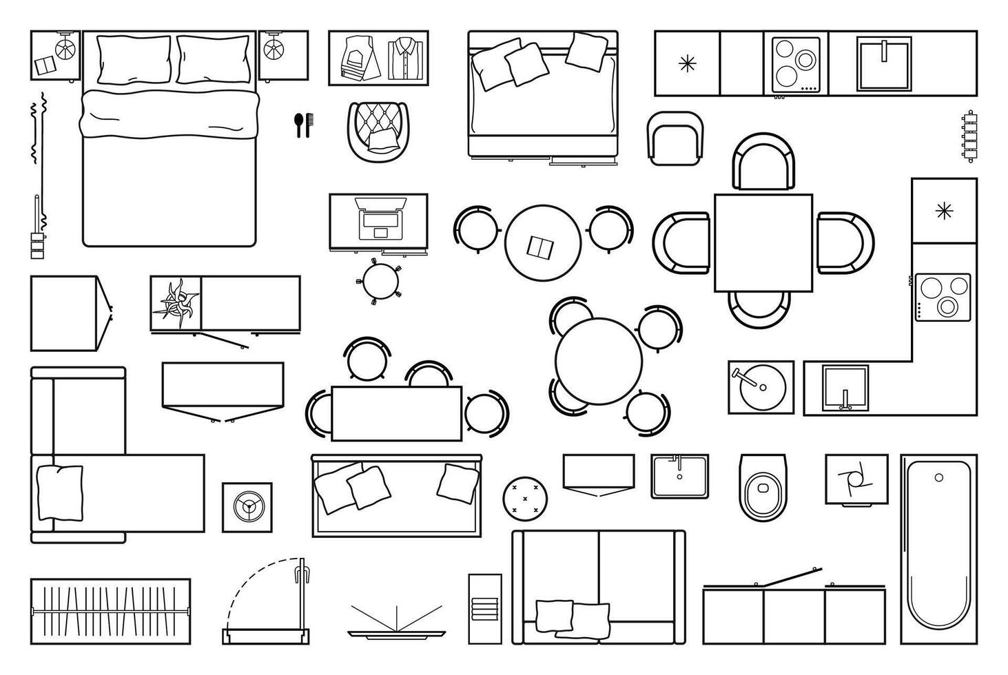 Set top view for interior icon design. Floor plan. Architecture plan with furniture in top view. The layout of the apartment, technical drawing kitchen, living room and bedroom vector