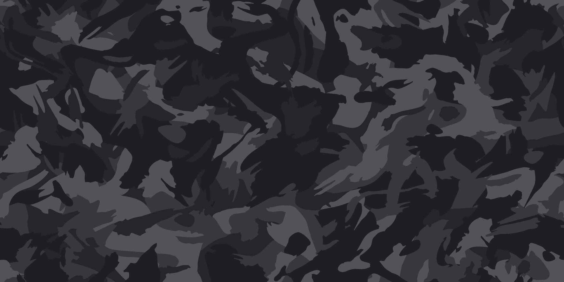 Grunge urban camouflage, black fashion design. Dirty brush stroke hand draw camo, military pattern. Army uniform, fashionable fabric print. Seamless monochrome texture vector