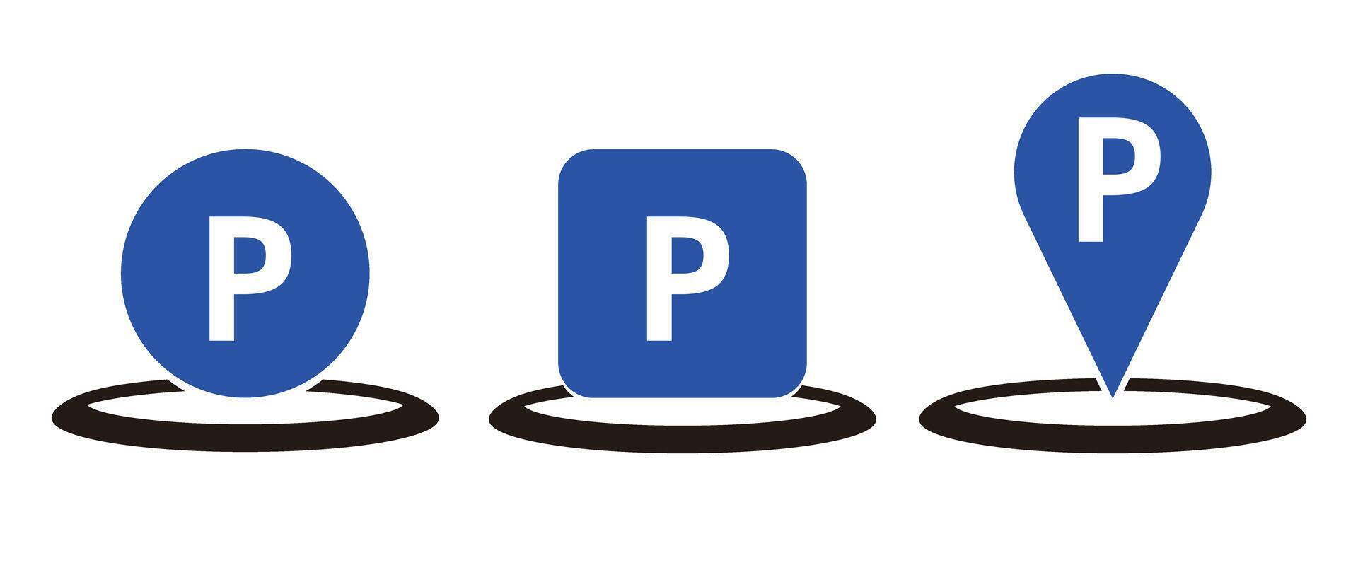 A set of parking icon in the shapes of circle, square and map pin. vector