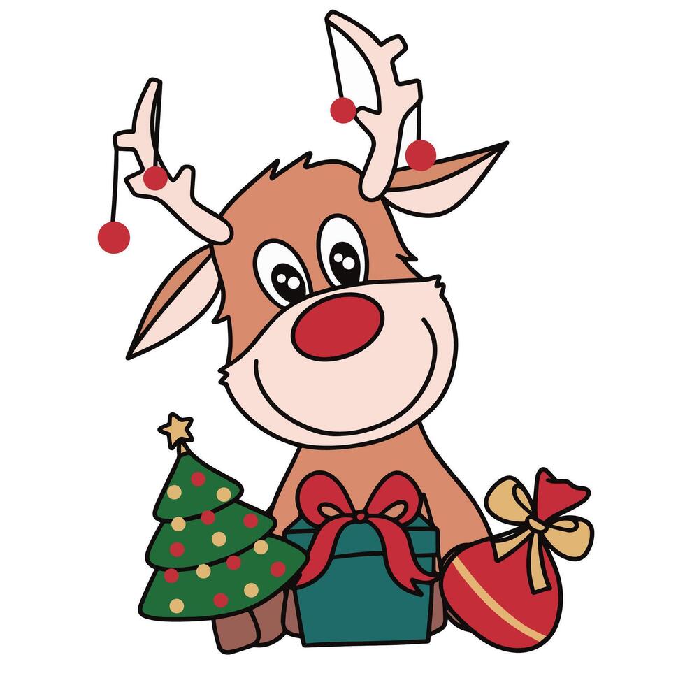 Illustration of cute reindeer with christmas gifts sitting isolated on white background vector