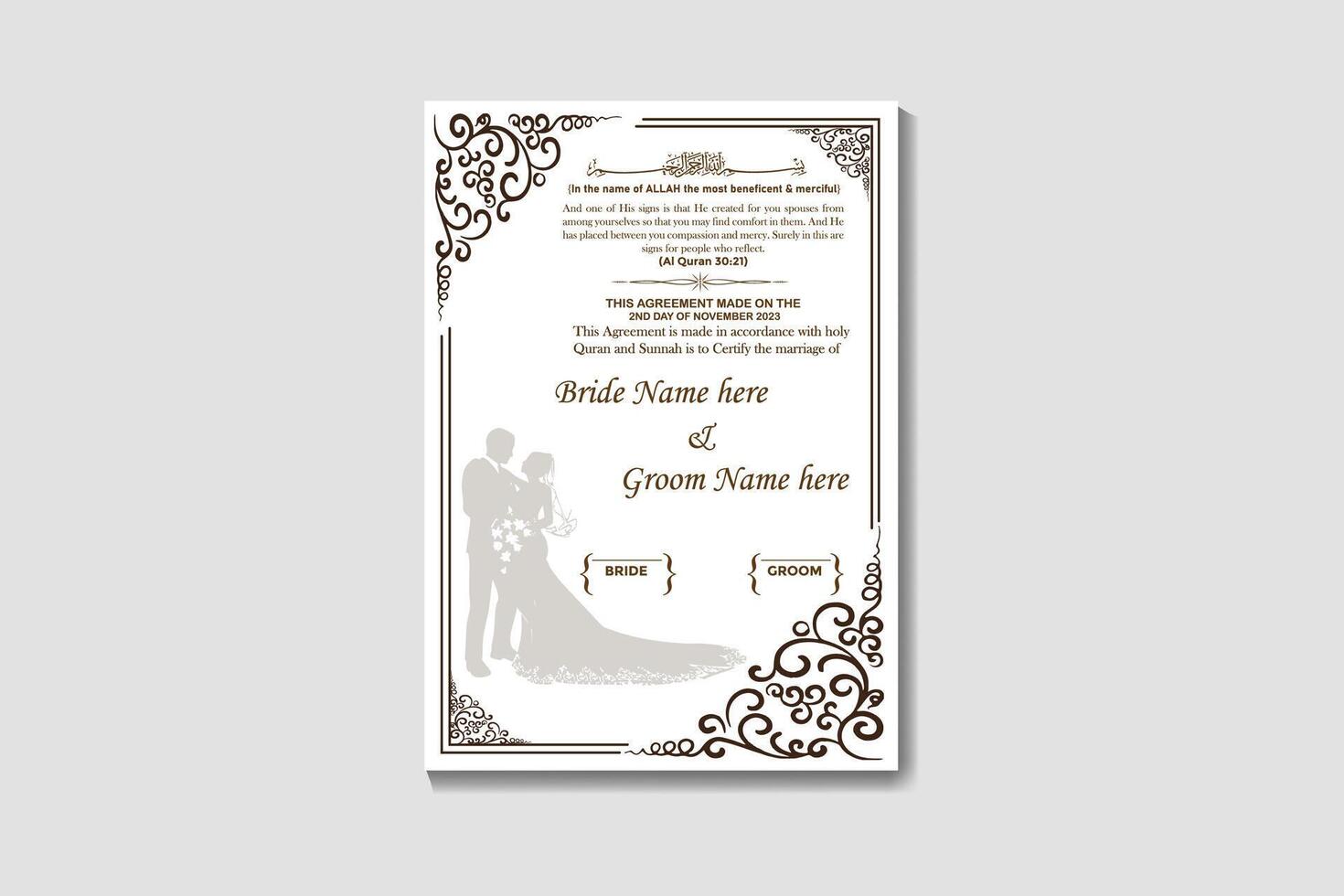 Luxury A4 Size Nikkah Nama Certificate Design with luxury frame vector