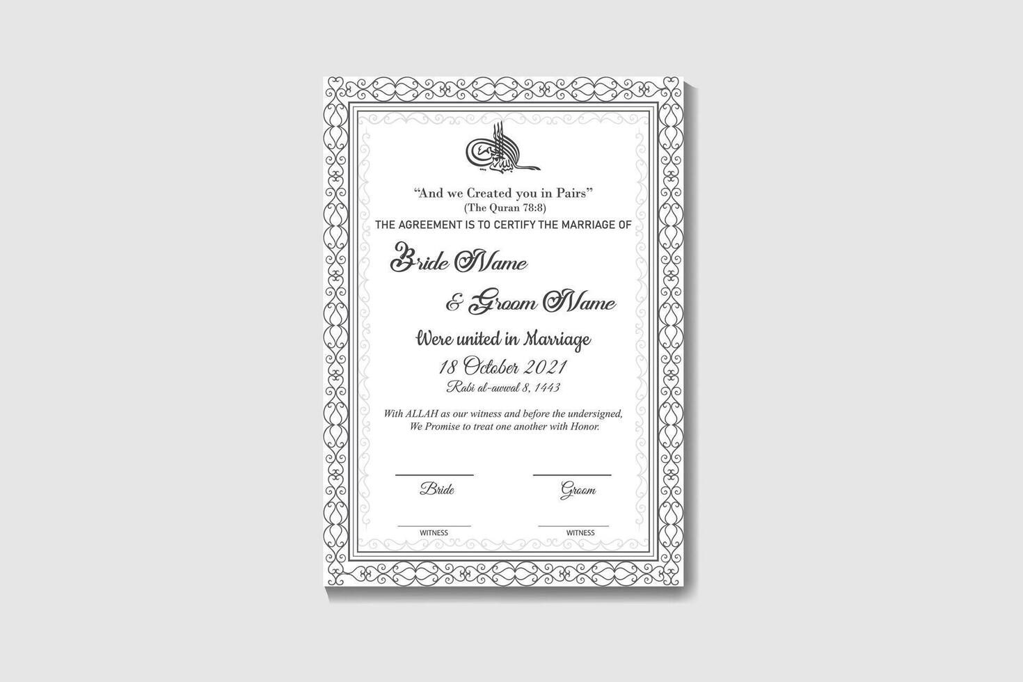 Muslim Marriage Certificate and Wedding Card or Personalized Names or Islamic or marriage vector