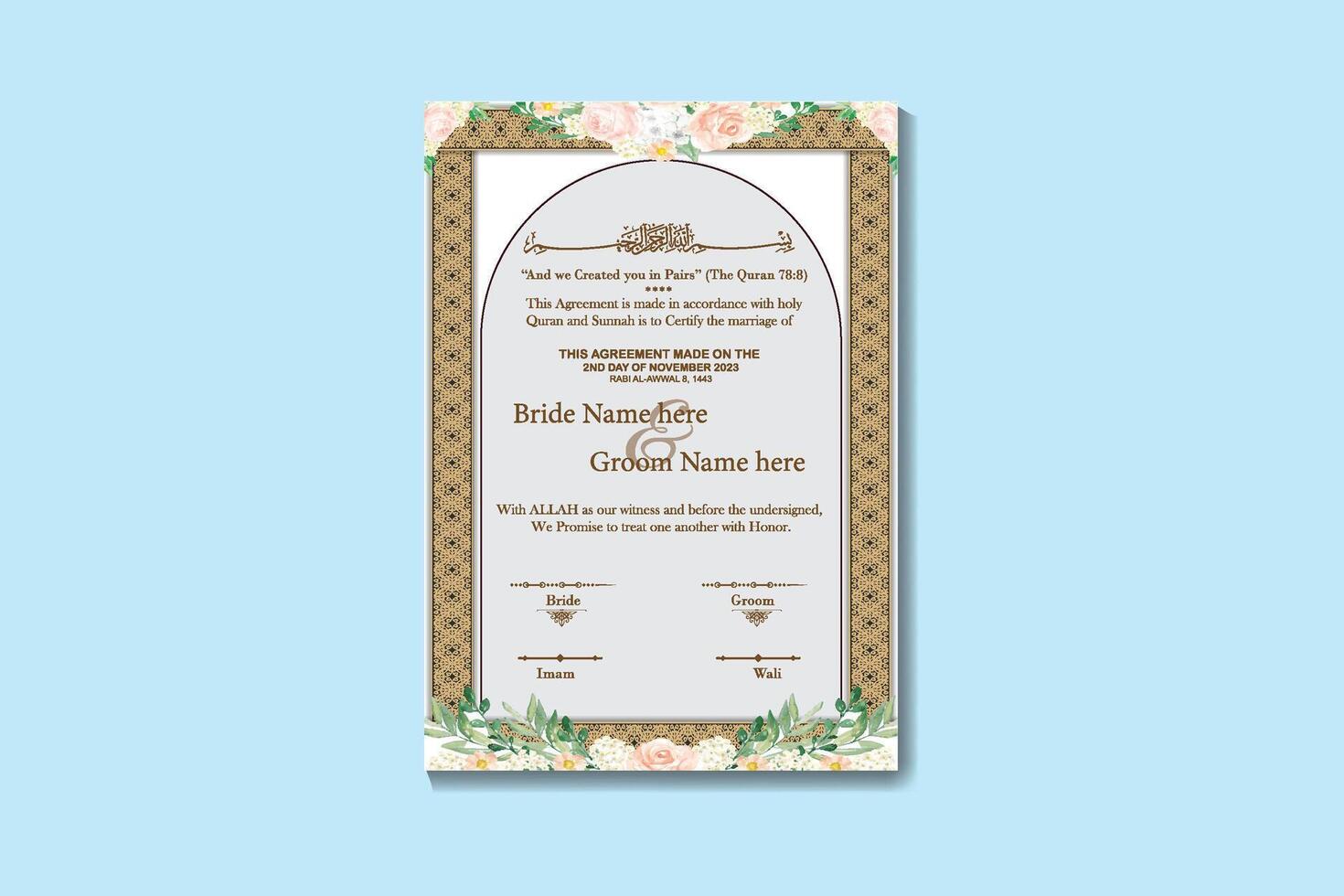 Wedding Agreement Certificate and Nikkah Nama Certificate Design template vector