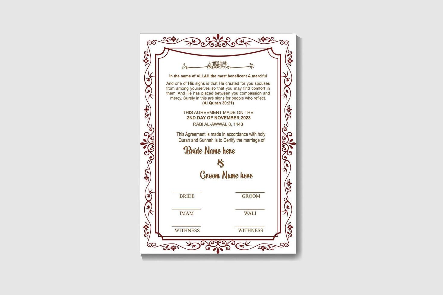 Premium A4 Islamic Wedding Contract and Nikkah Nama Design Template with floral vector