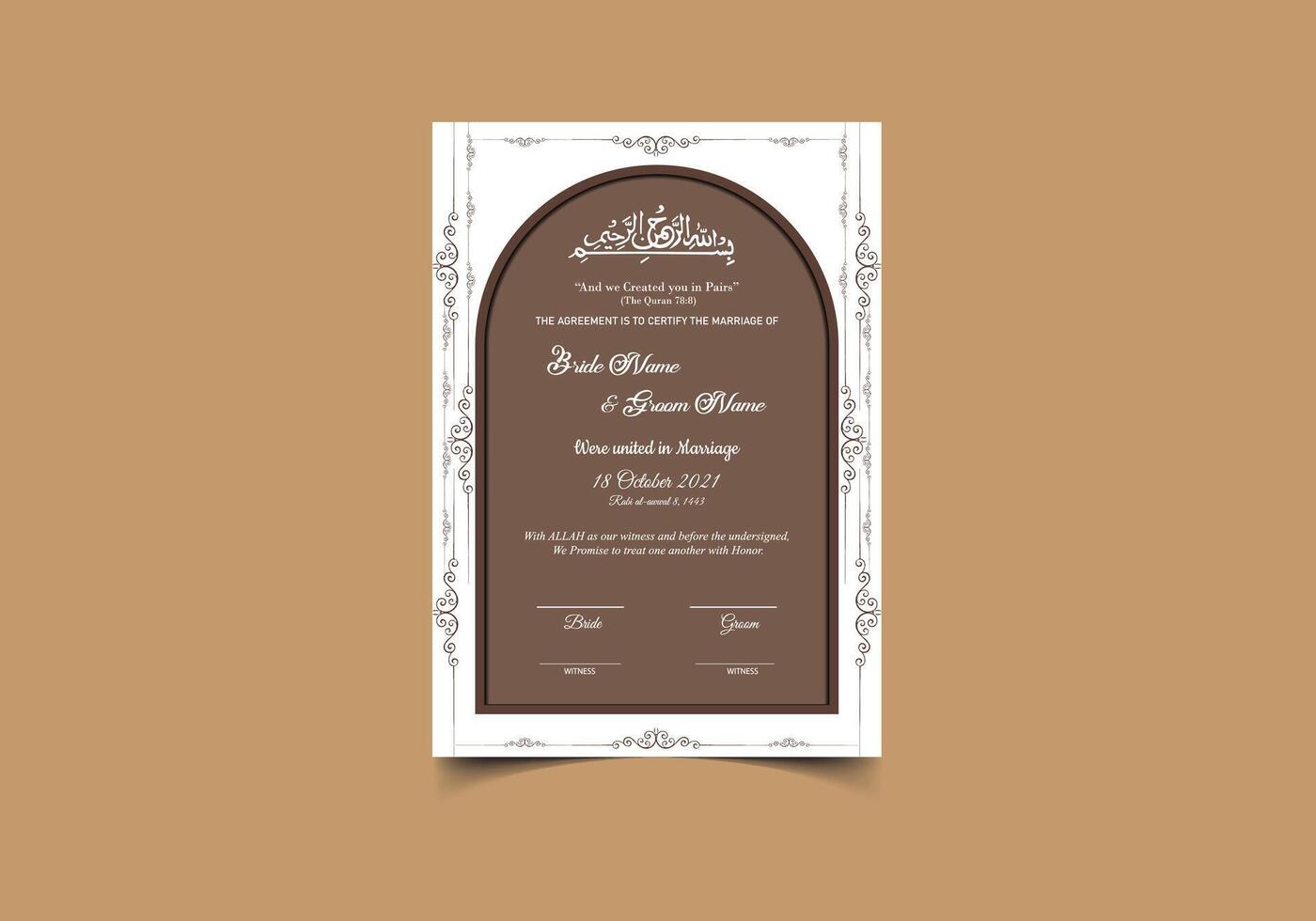Muslim Marriage Certificate and Wedding Card or Personalized Names or Islamic or marriage vector