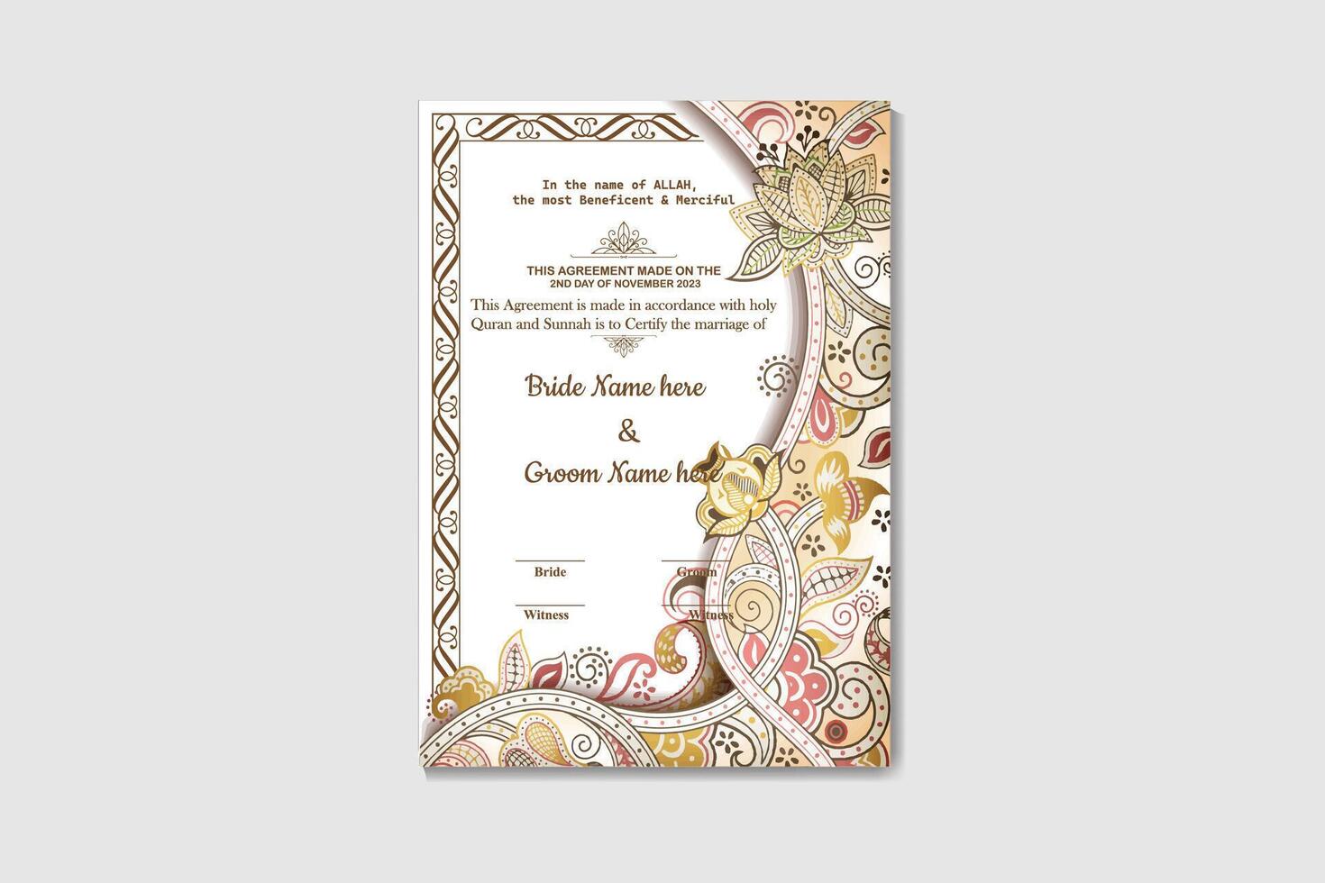 Luxury A4 Size Nikkah Nama Certificate Design with luxury frame vector