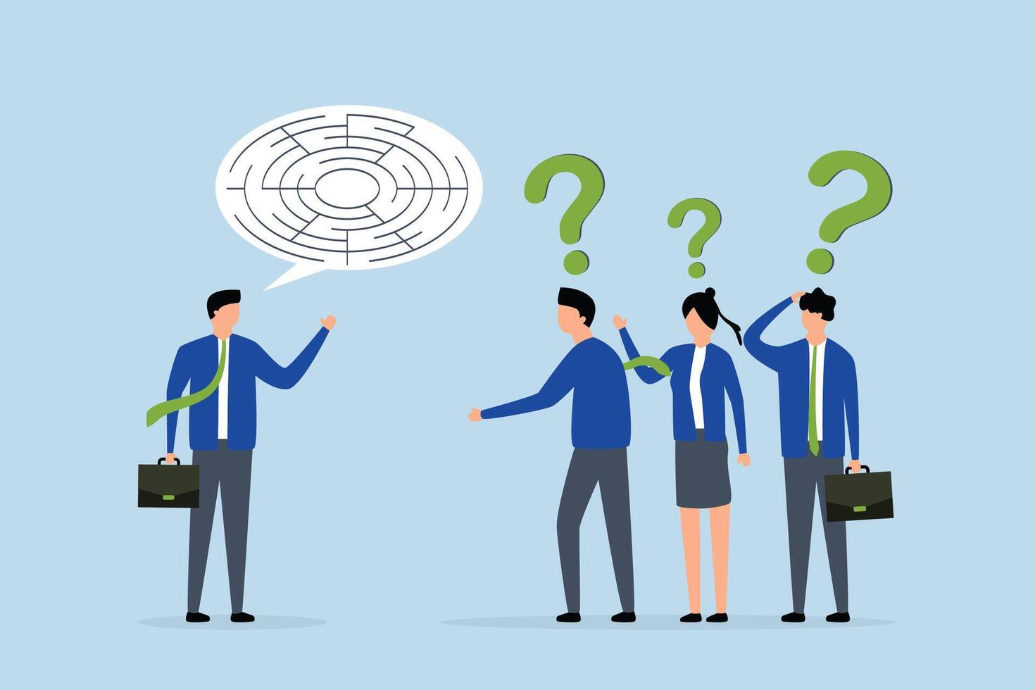 Ramble, frustrated business boss explains a confused labyrinthine speech bubble to team members. vector