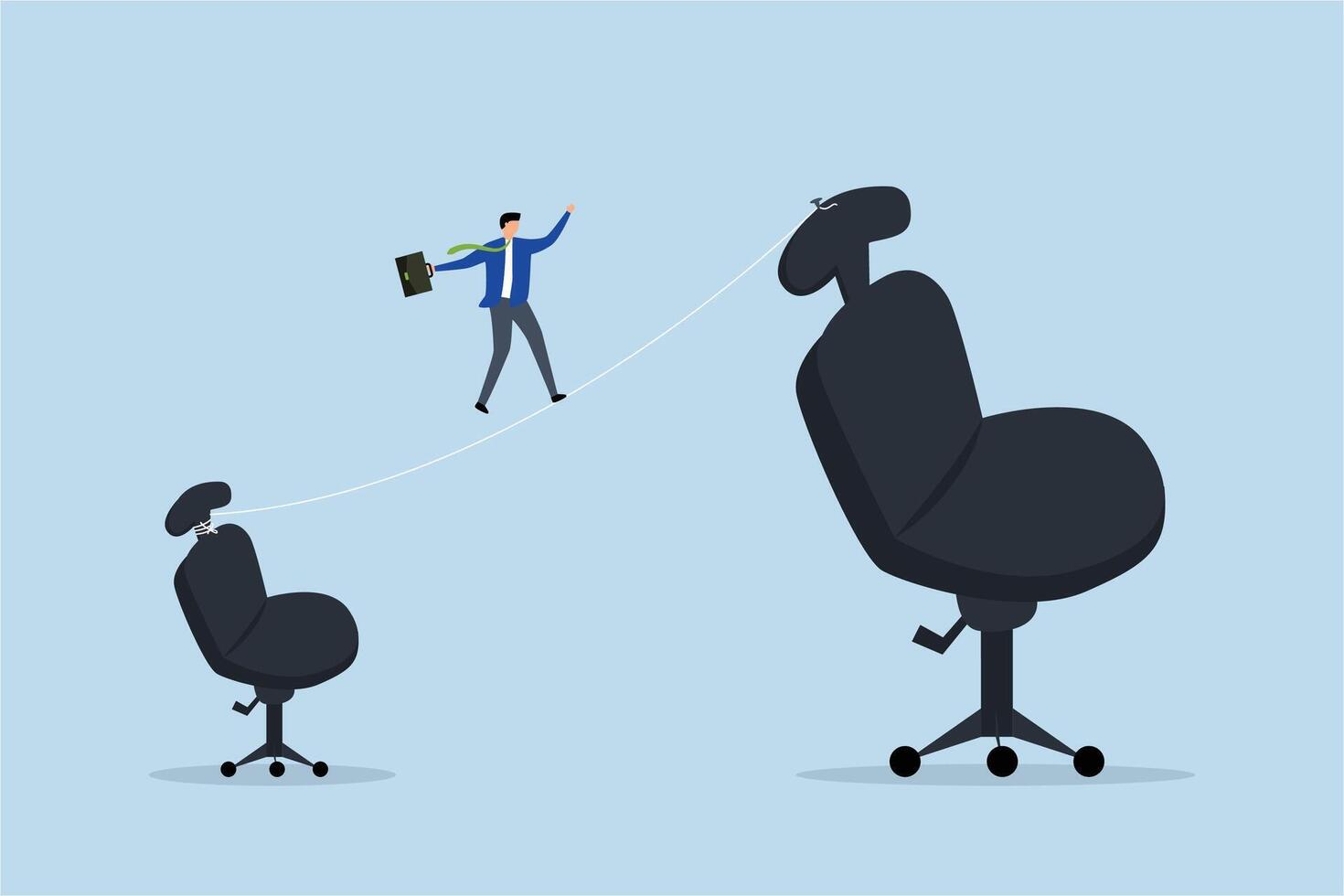 Career growth, business clerk walks to higher workplace chair. vector