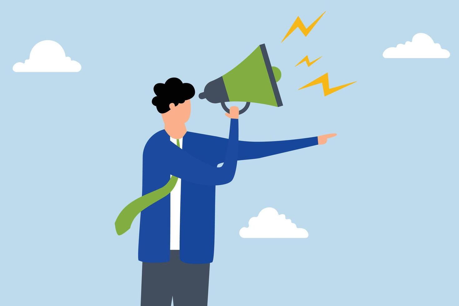 Manager authority, businessman rages shouting orders into a megaphone and pointing his finger. vector