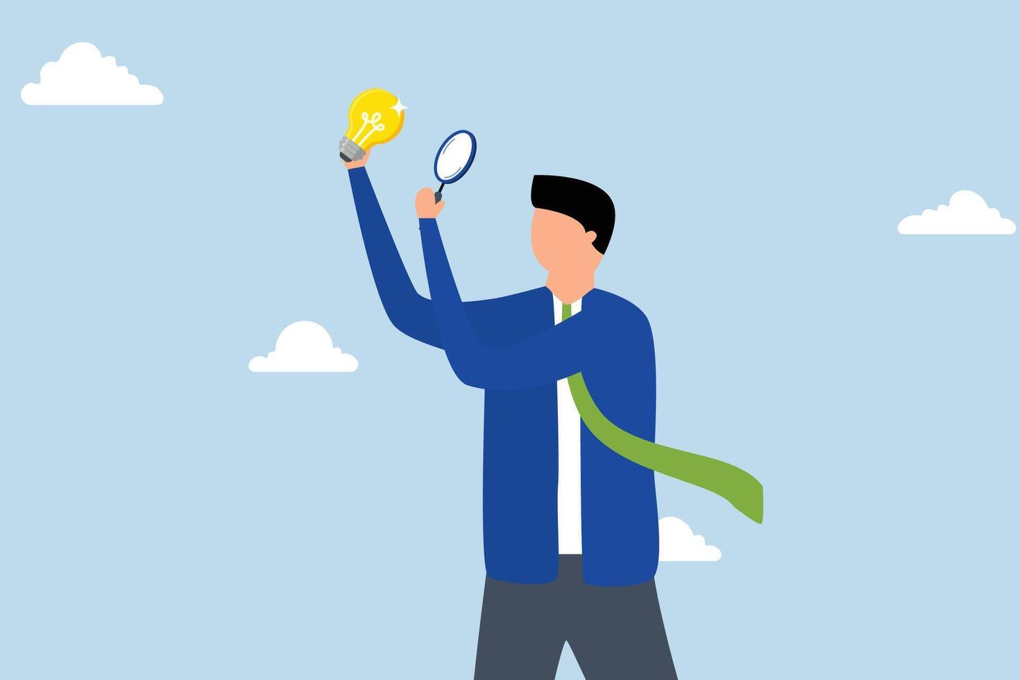 Perfectionist, a perfectionist businessman with magnifying glass looking at every detail of light bulb idea. vector