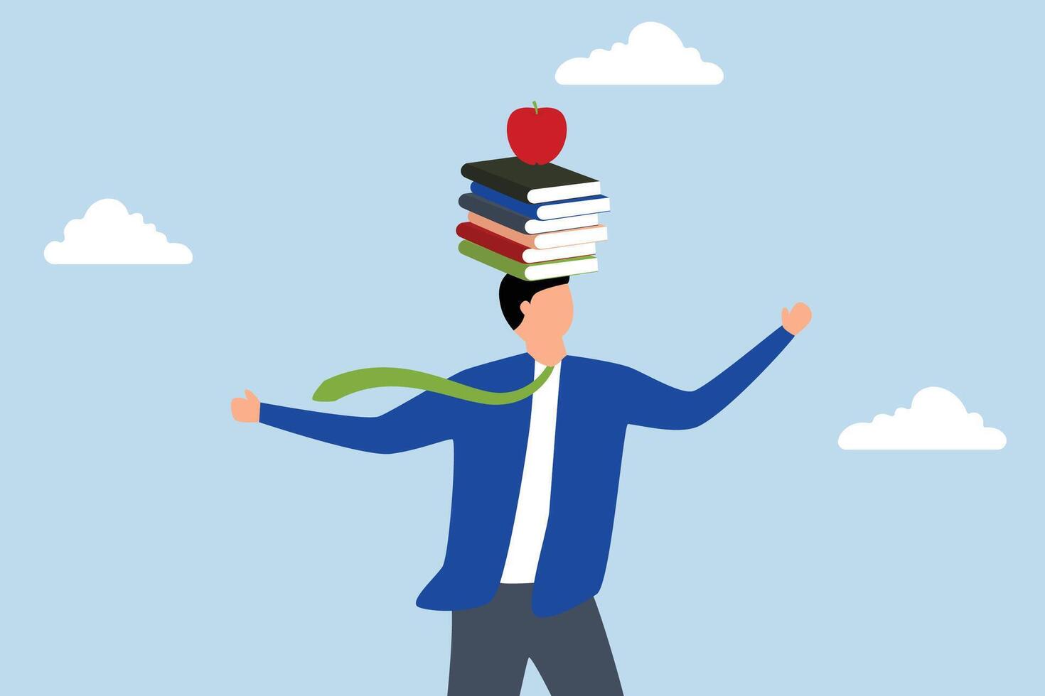 Business development books, businessman balance books stack on his head with apple on top vector