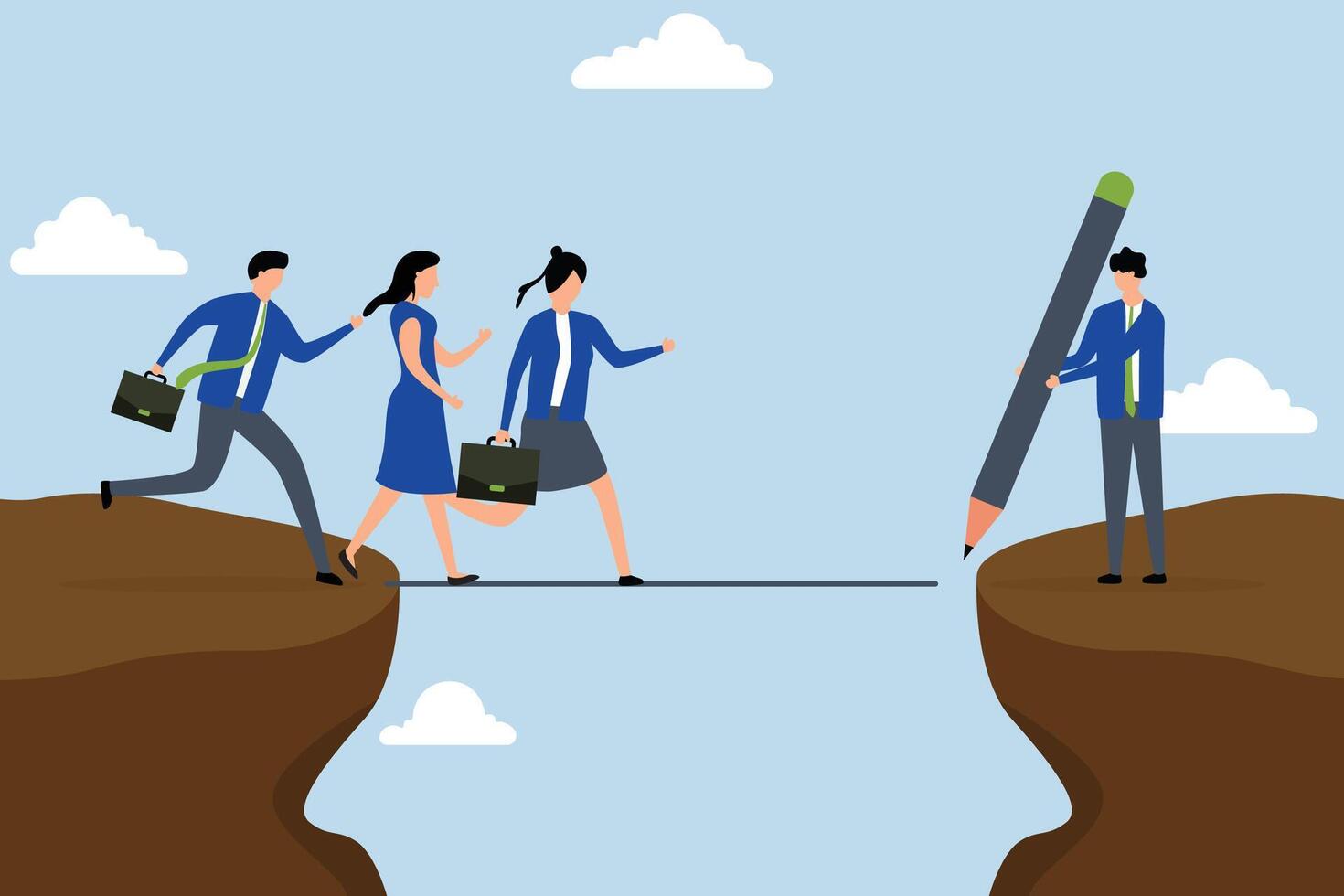 Support employee to progress, business manager pulls line down like bridge to help team members over a cliff. vector