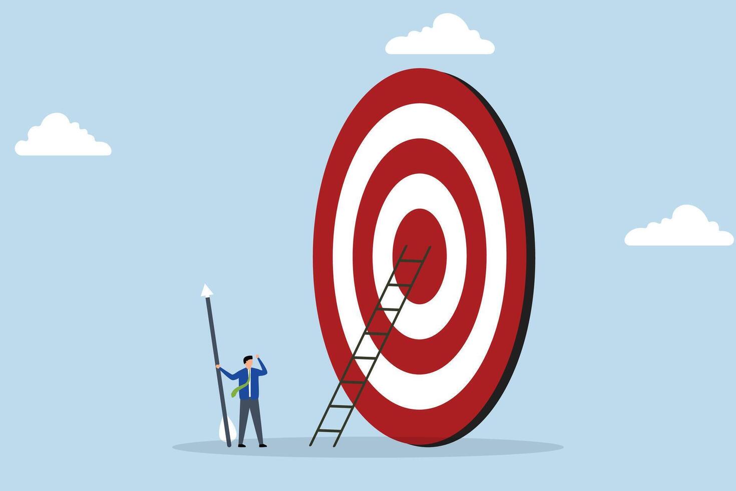 Aiming for high target mission, businessman with big ladder in his hand, starting to climb the ladder to bullseye vector