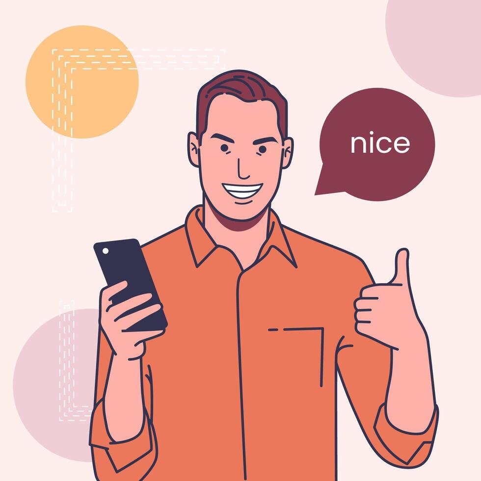 man with smartphone thumbs up vector