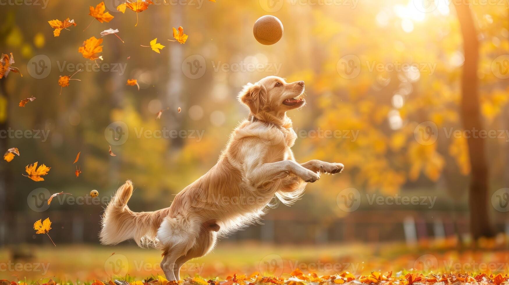 Golden Retriever Jumping to Catch a Ball in a Colorful Autumn Park. Concept of playful dog, fall season, outdoor activity, pet exercise photo