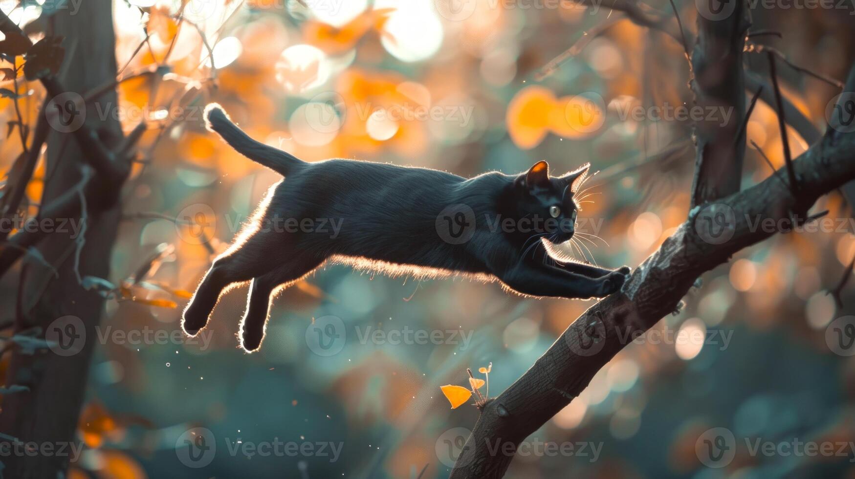 A sleek black cat leaping from one branch to another in a forest. Concept of agility, nature, wildlife, and feline behavior photo