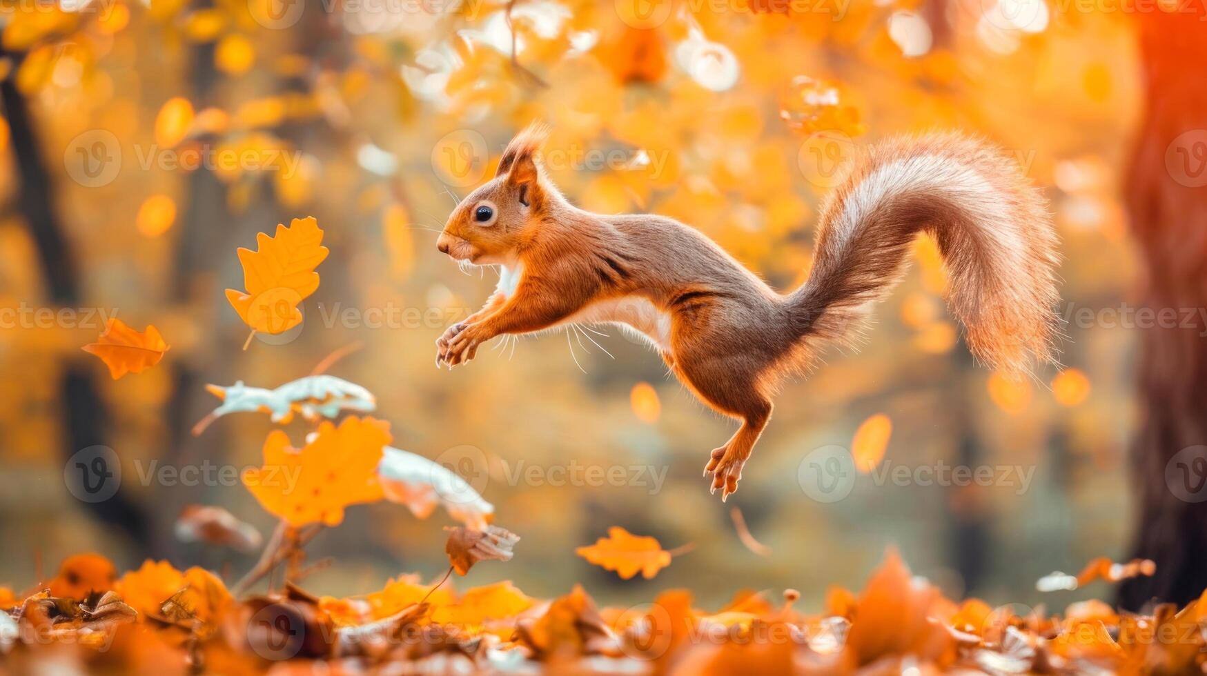 Squirrel Mid-Jump in Autumnal Forest Surrounded by Colorful Leaves. Concept of Wildlife, Seasonal Change, Nature, Forest Animals photo