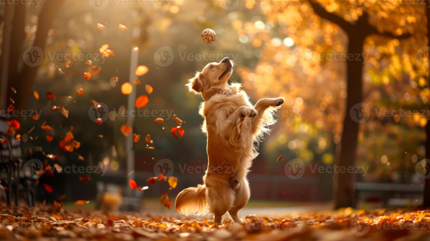 Golden Retriever Jumping to Catch a Ball in a Colorful Autumn Park. Concept of playful dog, fall season, outdoor activity, pet exercise photo