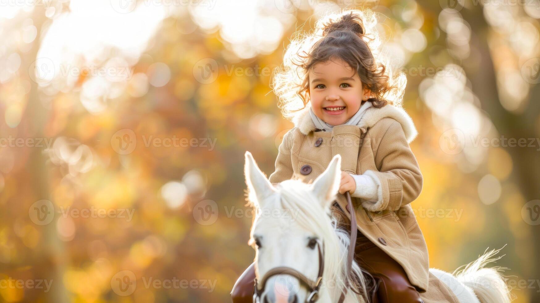 Girl riding a white pony outdoors in autumn. Concept of childhood joy, pet animals, outdoor activities, and fall season, kid and little horse photo
