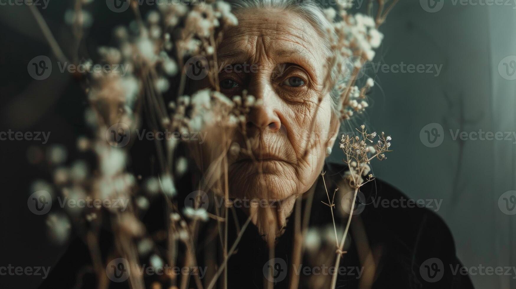 Elderly Caucasian woman behind dried flowers, thoughtful expression. Concept of aging, solitude, reflection, nature photo