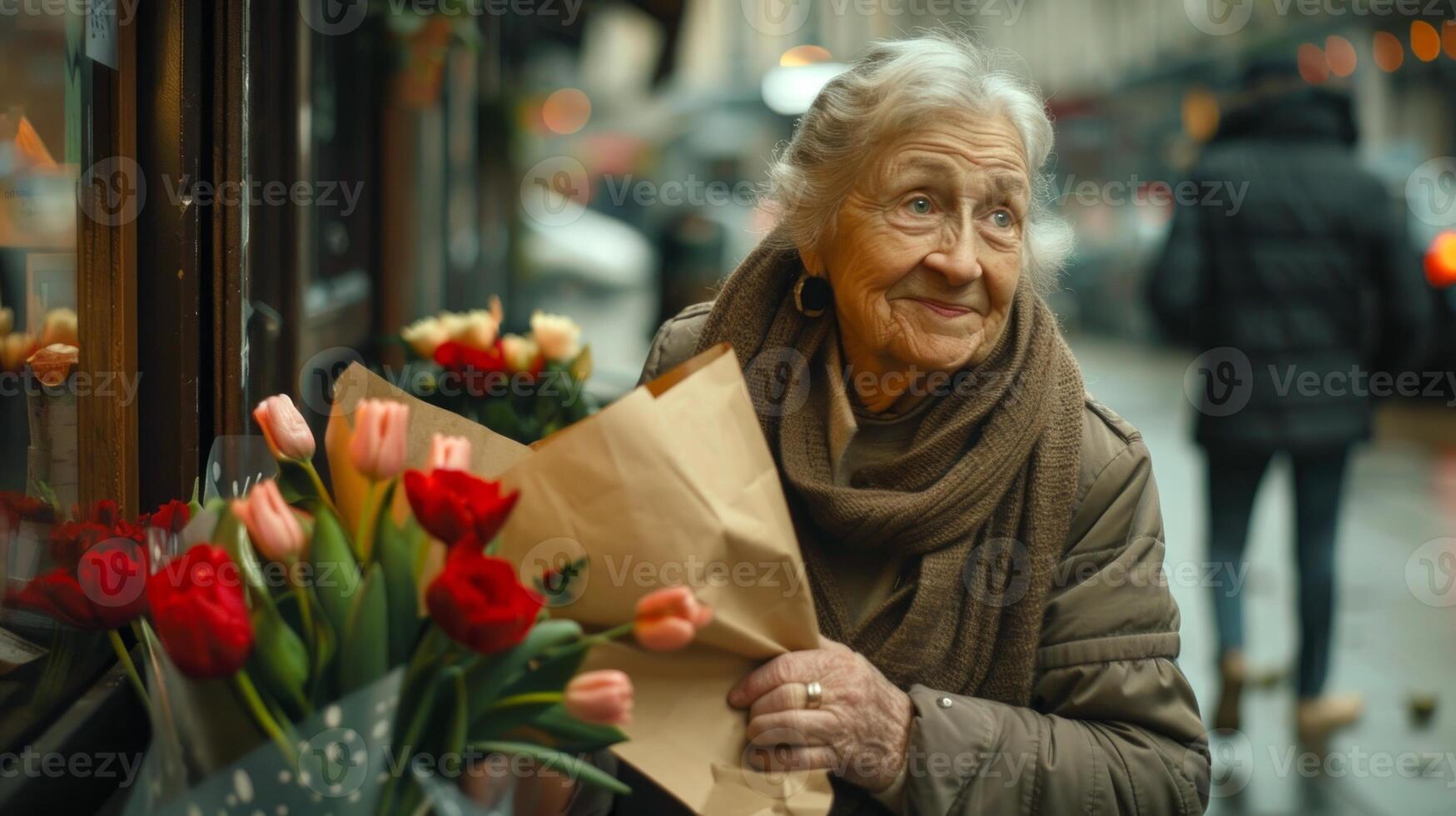 Elderly caucasian woman holding flower bouquet on a rainy street. Concepts of senior citizen, floristry, city life, joy photo
